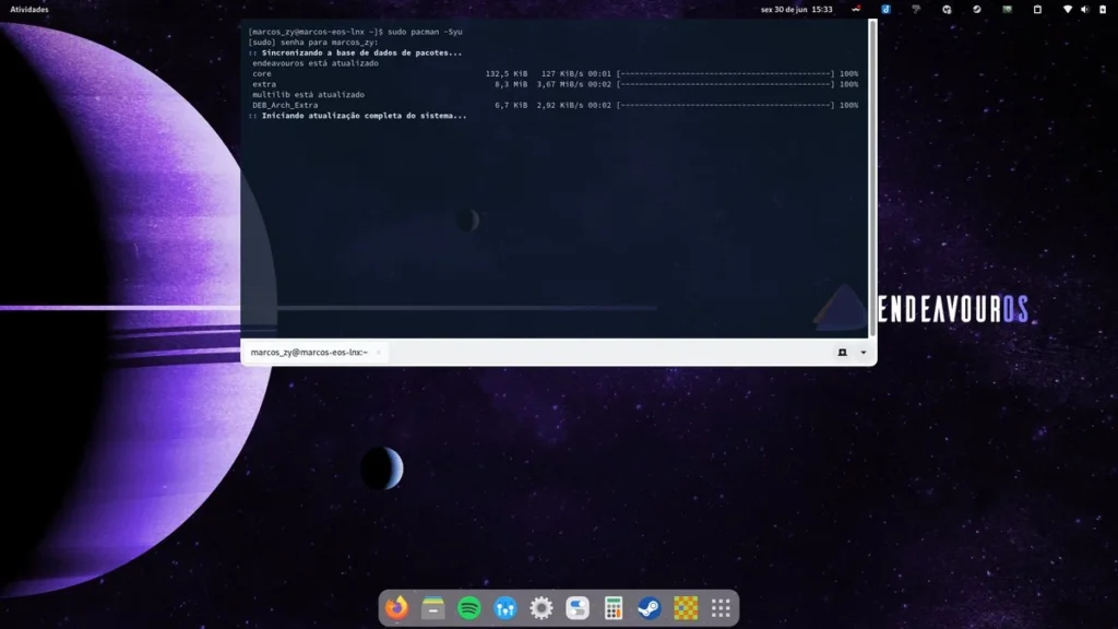 Desktop EndeavourOS com GNOME